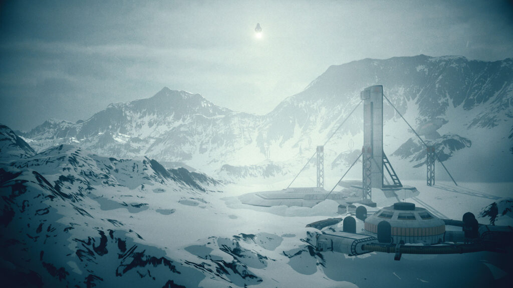 A screen capture from The Last Ark game by Terabbit Studios, featuring a mountainous, snowy landscape where a blizzard is currently blowing through. There is an abandoned launch platform in the snow in the middle and foreground. In the background, high in the sky, a rocket ship (an Ark) is taking off into space.